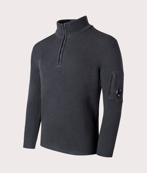 CP Company Full Rib Quarter Zip Knitted Jumper in Black Sand. At EQVVS Menswear. Front angle shot