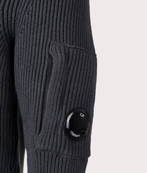 CP Company Full Rib Quarter Zip Knitted Jumper in Black Sand. At EQVVS Menswear. Lens shot