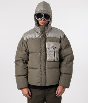 Eco Chrome-R Mixed Goggle Down Jacket in Walnut by CP Company. EQVVS Menswear Front Model Shot. 