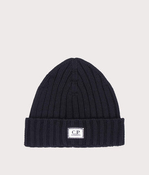 CP Company Extra Fine Merino Wool Logo Beanie In black at EQVVS menswear front shot