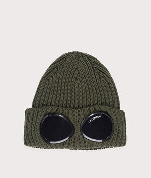 CP Company Extra Fine Merino Wool Goggle Beanie in Ivy Green at EQVVS menswear front shot