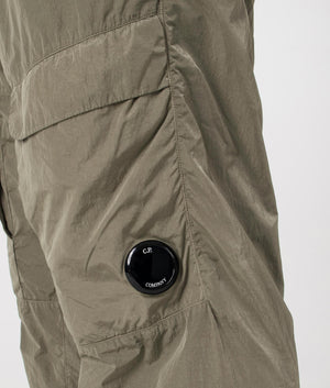 Chrome-R Loose Cargo Pants in Walnut by CP Company. EQVVS Menswear Model Detail Shot. 