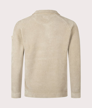 C.P. Company Chenille Cotton Polo Collar Knit Jumper in Vintage Khaki, 100% cotton at EQVVS. Back shot. 