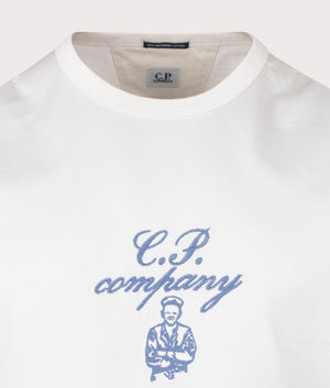 C.P. Company Twisted Embroidery T-Shirt in Gauze White, 100% cotton mercerised jersey at EQVVS. Detailed logo shot. 