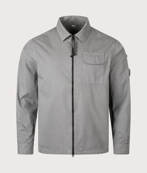 CP Company Organic Gabardine Zip Through Overshirt in smoked pearl front shot at EQVVS Menswear