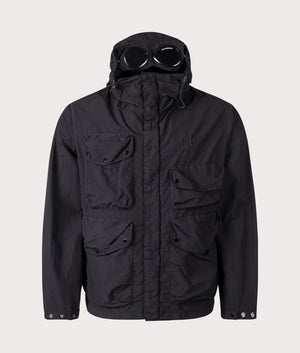 C.P. Company Flatt Nylon Goggle Jacket in black at EQVVS. Front shot. 