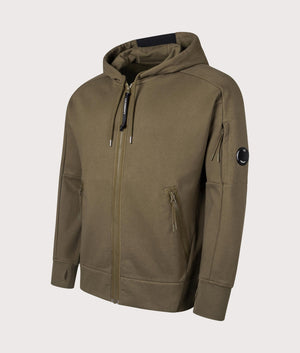  CP Company Diagonal Raised Zip Through Hoodie in Ivy Green side front shot at EQVVS Menswear