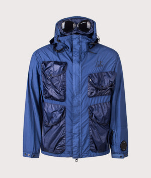 Cp Company Taylon L Mixed Goggle Jacket in Oceana Front shot with goggles at EQVVS Menswear