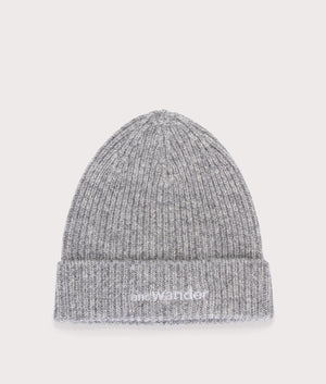 and wander Shetland Wool Knit Cap in Grey, 100% Wool. At EQVVS. Front detail shot.