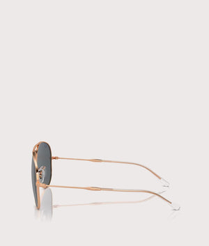 Ray-Ban Old Aviator Sunglasses in Polished Rose Gold with Blue Lenses. Temples SHot at EQVVS.