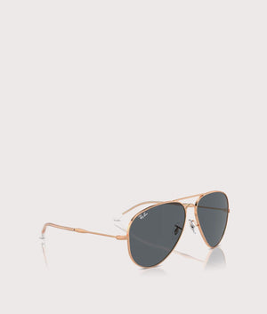 Ray-Ban Old Aviator Sunglasses in Polished Rose Gold with Blue Lenses. Angle Side at EQVVS.