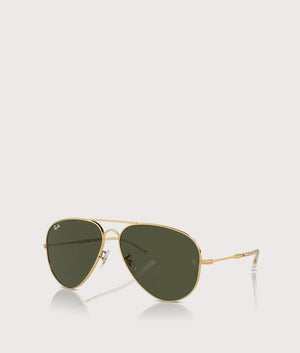 Ray-Ban Old Aviator Sunglasses in Polished Arista Gold with Green Lenses. Angle Shot at EQVVS.