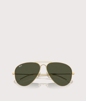 Ray-Ban Old Aviator Sunglasses in Polished Arista Gold with Green Lenses. Folded Shot at EQVVS.