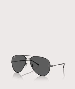 Ray-Ban Old Aviator Sunglasses in Polished Black with Grey Lenses. Angle Shot at EQVVS.