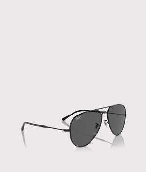 Ray-Ban Old Aviator Sunglasses in Polished Black with Grey Lenses. Side Shot at EQVVS.