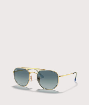 Ray Ban Hexagonal Flat Lenses Sunglasses in Polished Arista Gold-blue lenses. Angle Shot.