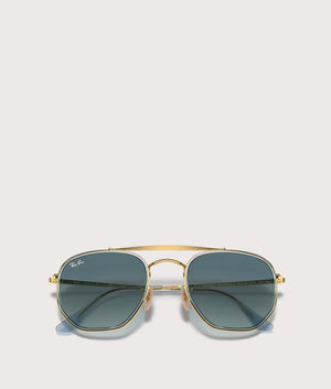 Ray Ban Hexagonal Flat Lenses Sunglasses in Polished Arista Gold-blue lenses. Folded Shot.