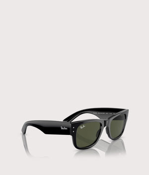 Ray-Ban Mega Wayfarer Sunglasses in Polished Black with Green Lenses. EQVVS Temples Shot.