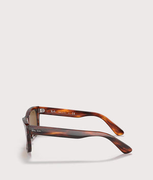 Ray-Ban Mega Wayfarer Sunglasses in Polished Stripe Havana with Brown Lenses. EQVVS Temple Shot.