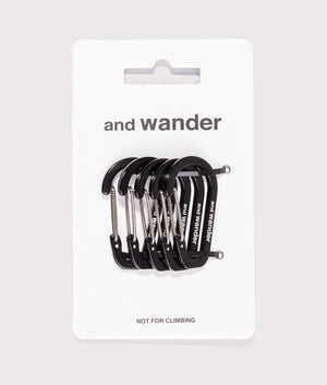 and wander Mini Carabiner Set in black, aluminium. At EQVVS Menswear. Front pack shot