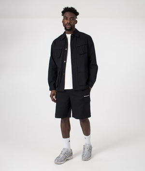 MKI Oversized Ripstop Cargo Jacket in Black. Full front angle model shot at EQVVS.