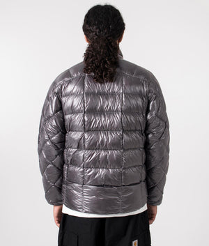 and wander diamond quilt padded jacket in grey. Shot at EQVVS. Reverse model shot. 