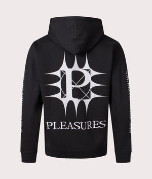 PLEASURES Spike Zip Through Hoodie in Black. At EQVSS Menswear. Back logo shot