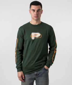 PLASURES Pixel P Long Sleeve Top in Forest Green, 100% Cotton. At EQVVS Menswear. Font model shot