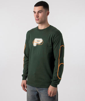 PLASURES Pixel P Long Sleeve Top in Forest Green, 100% Cotton. At EQVVS Menswear. Front angle model shot