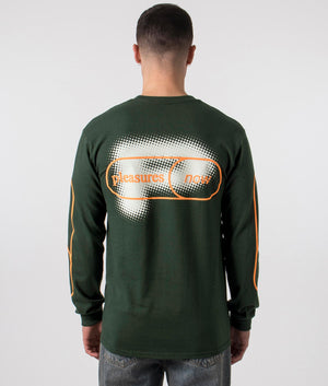 PLASURES Pixel P Long Sleeve Top in Forest Green, 100% Cotton. At EQVVS Menswear. Back model shot