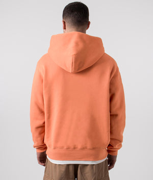 PLEASURES Relaxed Fit Old English Zip Up Hoodie in Rust, 100% Cotton. At EQVVS Menswear. Back model shot