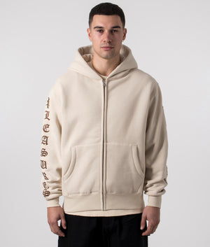 Old English Zip Up Hoodie in Natural by Pleasures. EQVVS Menswear Front Model Shot. 