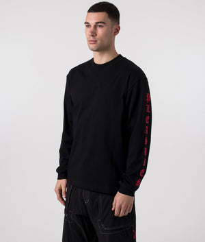 PLEASURES Old English Long Sleeve Top in Black, 100% Cotton. At EQVVS Menswear. Front angle model shot