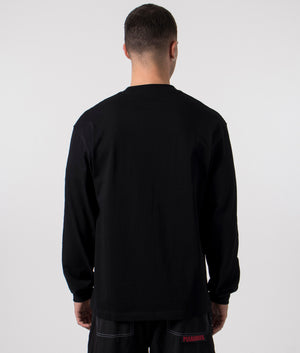 PLEASURES Old English Long Sleeve Top in Black, 100% Cotton. At EQVVS Menswear. Back model shot