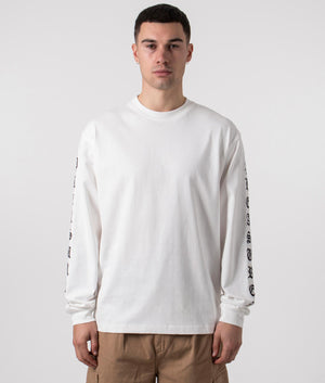 Old English Long Sleeve Top in White by Pleasures. EQVVS Menswear Front Shot. 