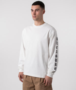 Old English Long Sleeve Top in White by Pleasures. EQVVS Menswear Side Shot. 