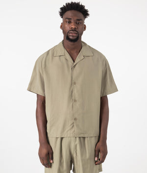 MKI Oversized Tencel Vacation Shirt in Sage Green. Front angle model shot at EQVVS.