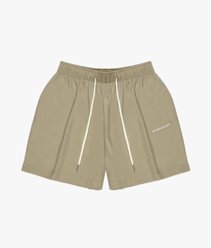 Relaxed Fit Tencel Shorts in Sage Green by MKI MIYUKI ZOKU. EQVVS Front Flat Shot.