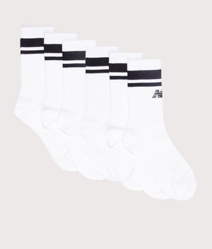 New Balance 6 Pack Essentials Stripe Midcalf Socks in white and black. EQVVS Side shot.