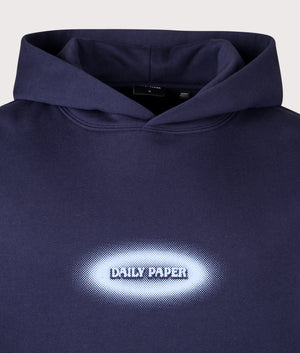 Daily Paper Dotted Logo Hoodie in Maritime Blue, 100% cotton at EQVVS menswear. Detailed Logo Shot. 