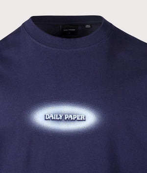 Daily Paper Dotted Logo T-shirt in Maritime Blue, 100% cotton at EQVVS. Detailed logo shot. 