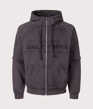 Daily Paper Garment Wash Zip-Through Hoodie in Black, 100% cotton at EQVVS. Front shot. 