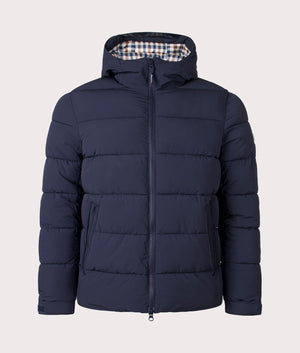 SP Hooded Puffer Coat in Navy by Aquascutum. Shot at EQVVS. Front shot. 