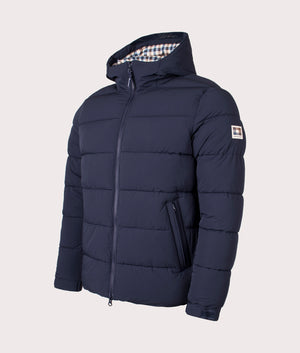 SP Hooded Puffer Coat in Navy by Aquascutum. Shot at EQVVS. Angle shot. 