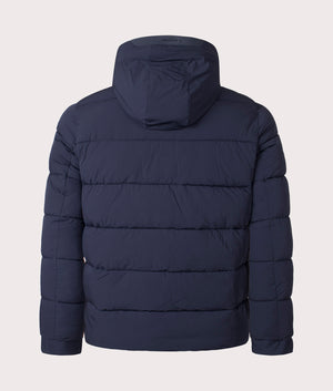 SP Hooded Puffer Coat in Navy by Aquascutum. Shot at EQVVS. Reverse shot. 