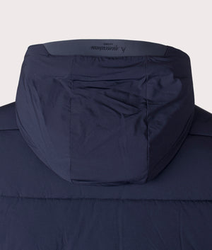 SP Hooded Puffer Coat in Navy by Aquascutum. Shot at EQVVS. Hood detail. 