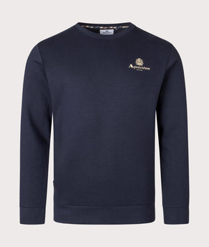 Aquascutum Active Small Logo Crewneck Sweatshirt in Navy Blue. EQVVS Front Shot