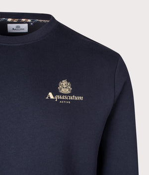 Aquascutum Active Small Logo Crewneck Sweatshirt in Navy Blue. EQVVS Logo Shot