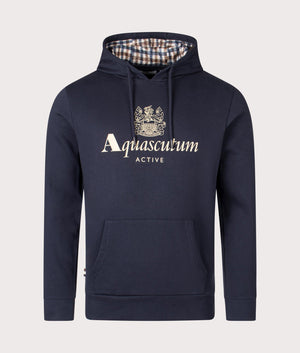 Aquascutum Active Big Logo Hoodie in Navy with Chest Print and Club Check Interior, 100% Organic Cotton. EQVVS Front Shot