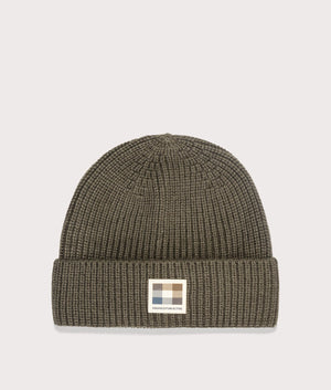 Aquascutum Active Beanie Patch in Army Green, Rich Cotton Blend. At EQVVS Menswear. Front detail shot